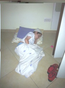 Yitzi seems to have taken Tisha B'Av too far - sleeping on the floor.
